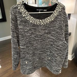 NWOT Karl Lagerfeld Pearl Embellished Tweed Sweater Top